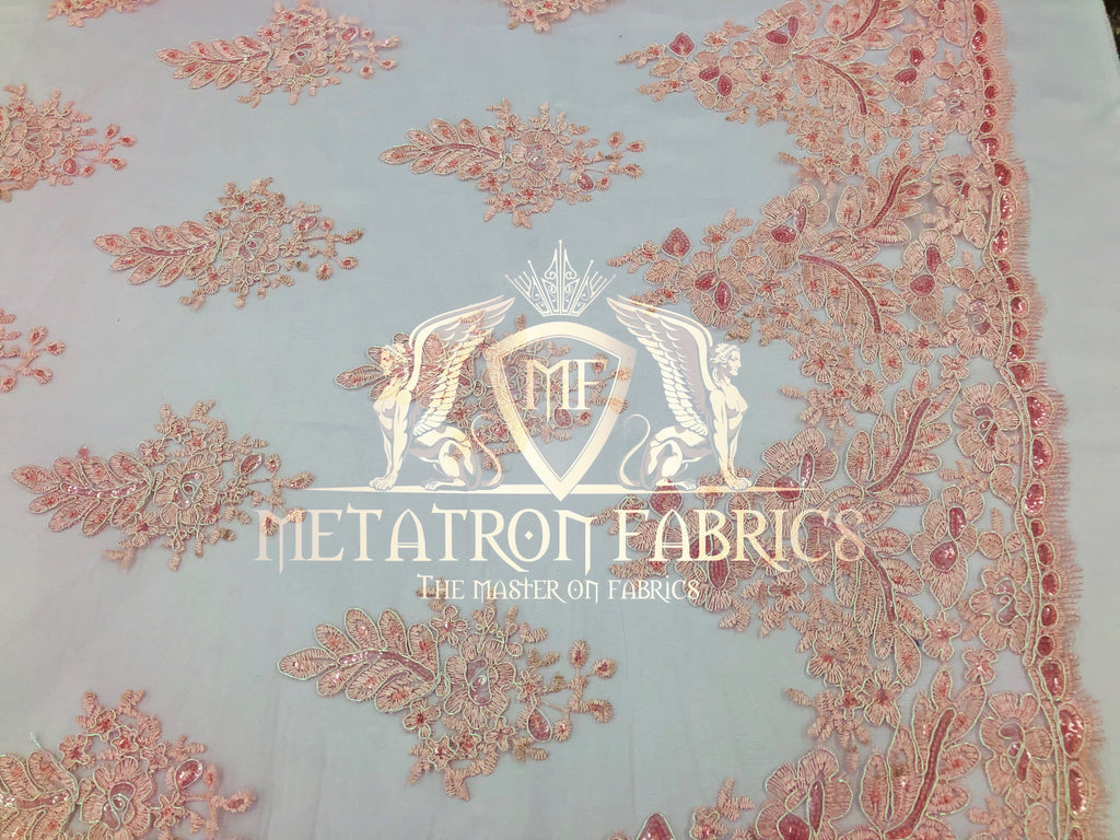 Lace Fabric - Blush Pink - Corded Flowers Embroidery With Sequins On Mesh Sold By The Yard