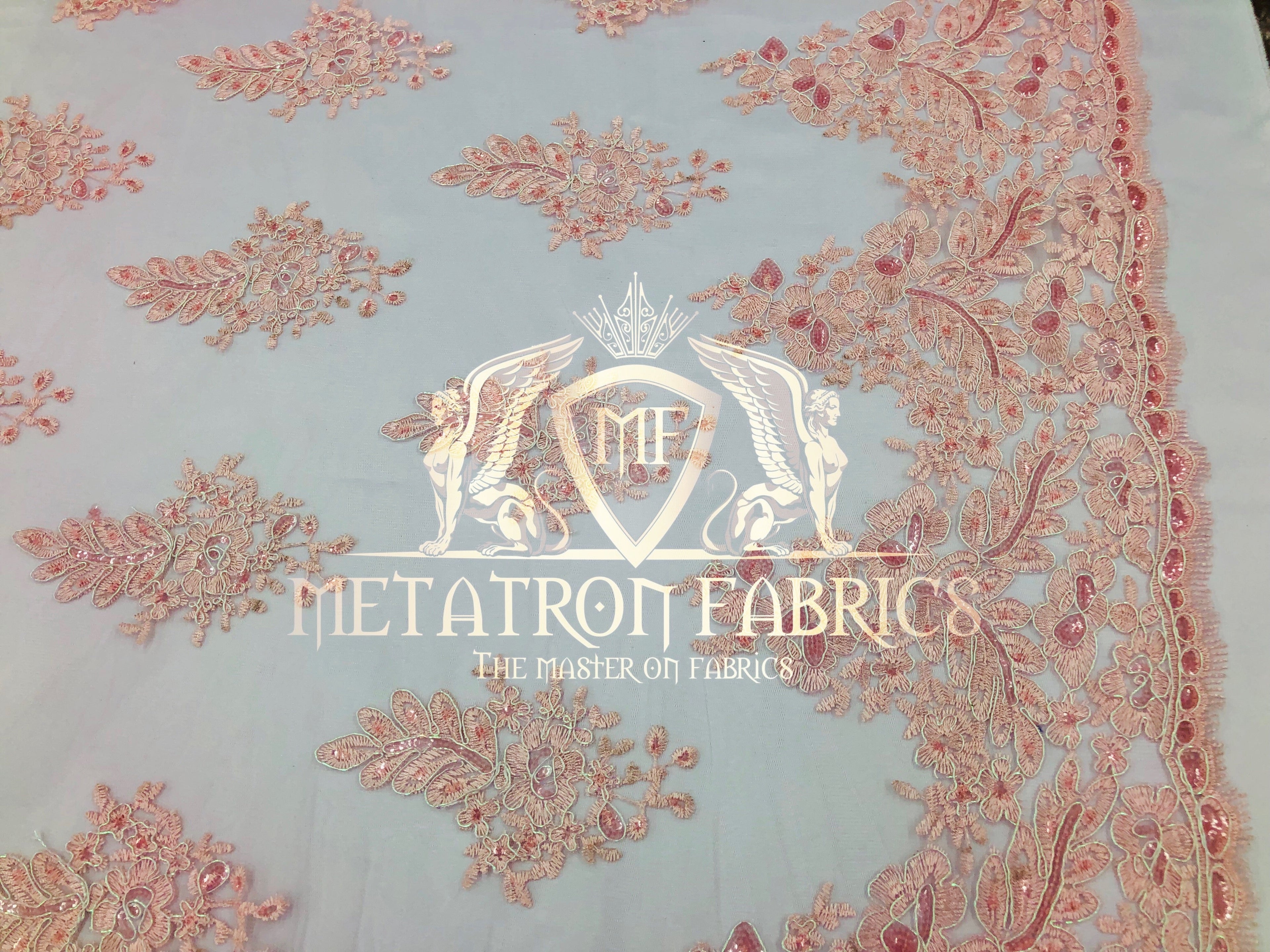 Lace Fabric - Blush Pink - Corded Flowers Embroidery With Sequins On Mesh Sold By The Yard