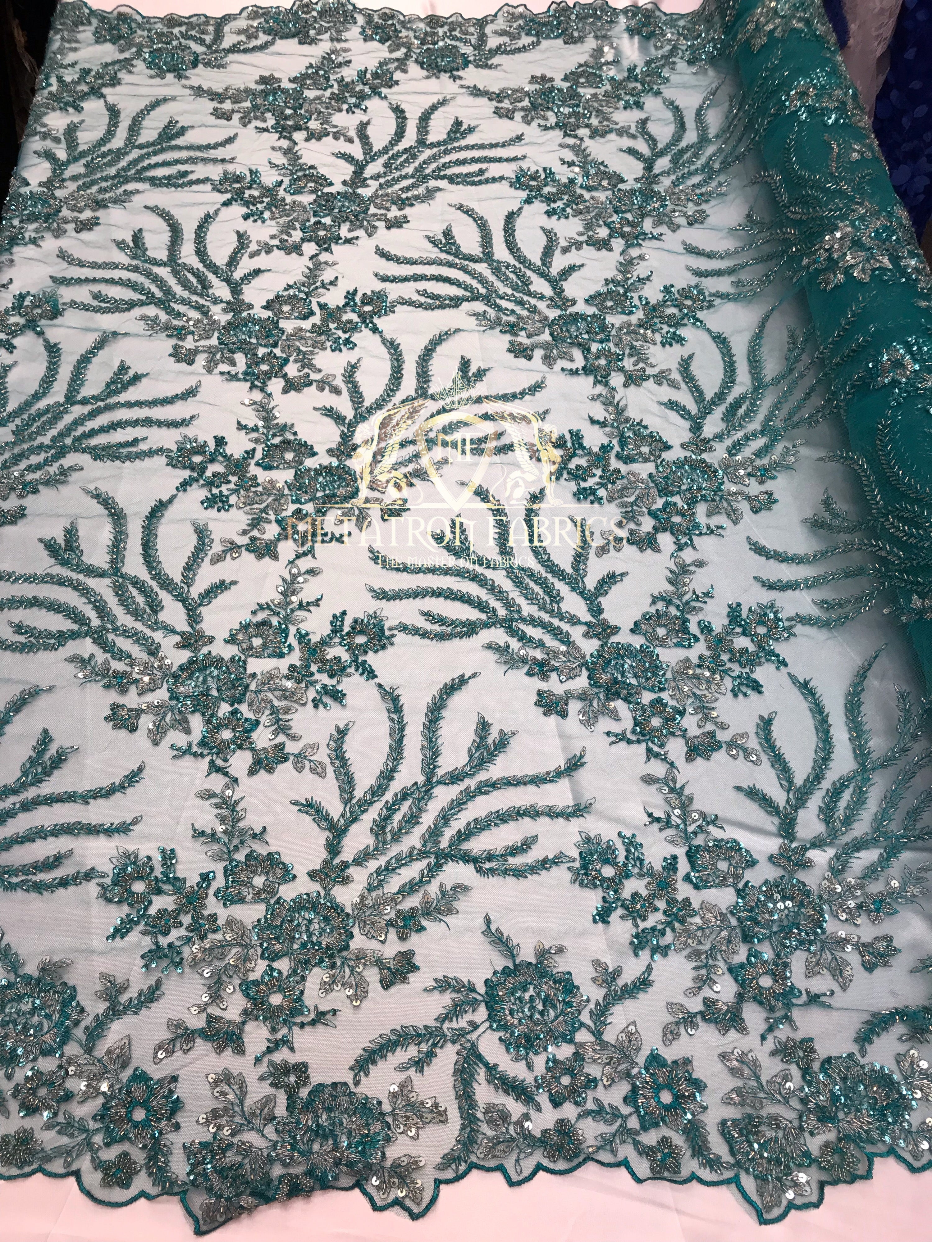Beaded - Teal - Fancy Flower Design Sequins Fabric with Beads Sold By The Yard