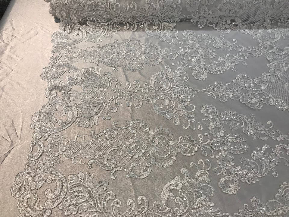 Floral - White - Embroided Lace Fabric Damask Pattern - Beautiful Fabrics Sold by The Yard