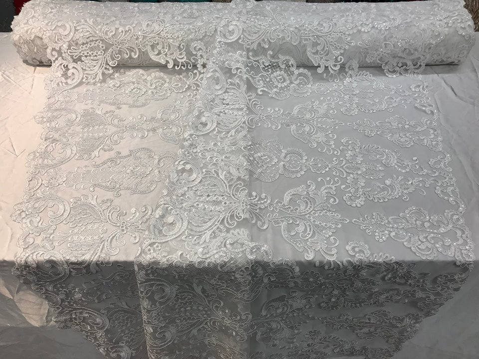Floral - White - Embroided Lace Fabric Damask Pattern - Beautiful Fabrics Sold by The Yard