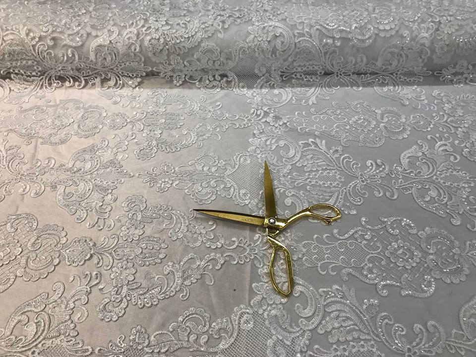 Floral - White - Embroided Lace Fabric Damask Pattern - Beautiful Fabrics Sold by The Yard