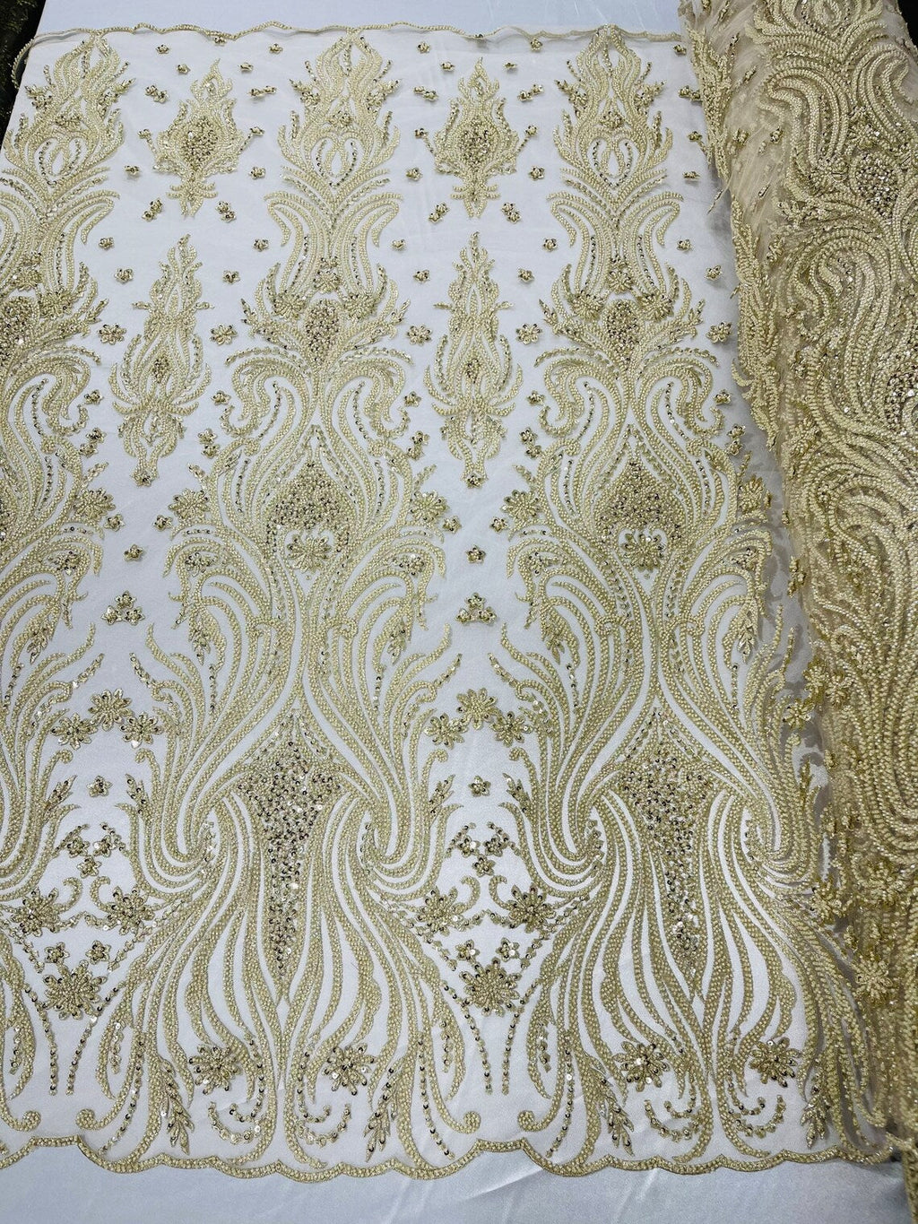 Luxury Bead Design - Beige - Floral Fabric Embroidered w/ Pearls-Beads on Mesh Lace By Yard
