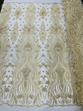 Luxury Bead Design - Beige - Floral Fabric Embroidered w/ Pearls-Beads on Mesh Lace By Yard