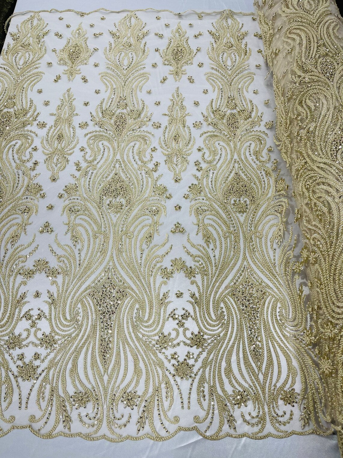 Luxury Bead Design - Beige - Floral Fabric Embroidered w/ Pearls-Beads on Mesh Lace By Yard