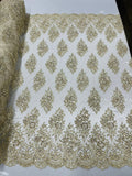 Floral Cluster Bead Fabric - Beige - Sold By The Yard - Embroidered Flower Beaded Fabric
