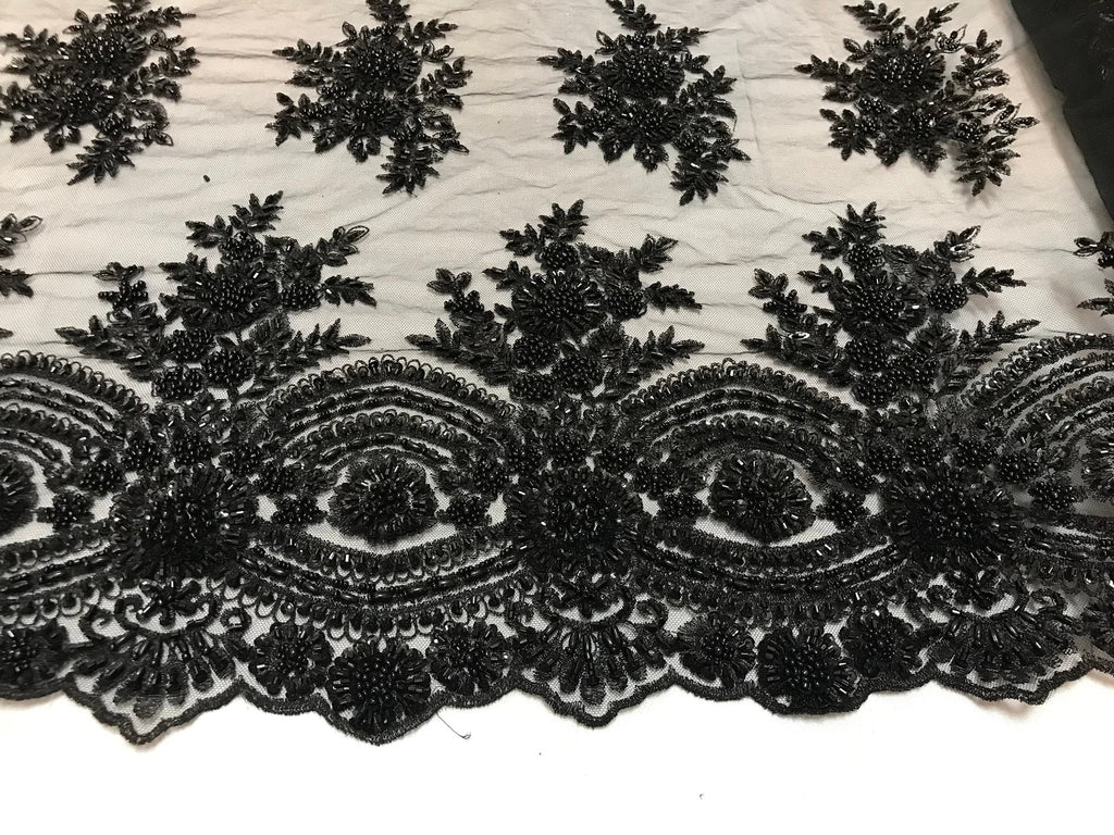 Beaded - Black - Embroidered Floral Design Fancy Sequins Fabric with Beads Sold By The Yard