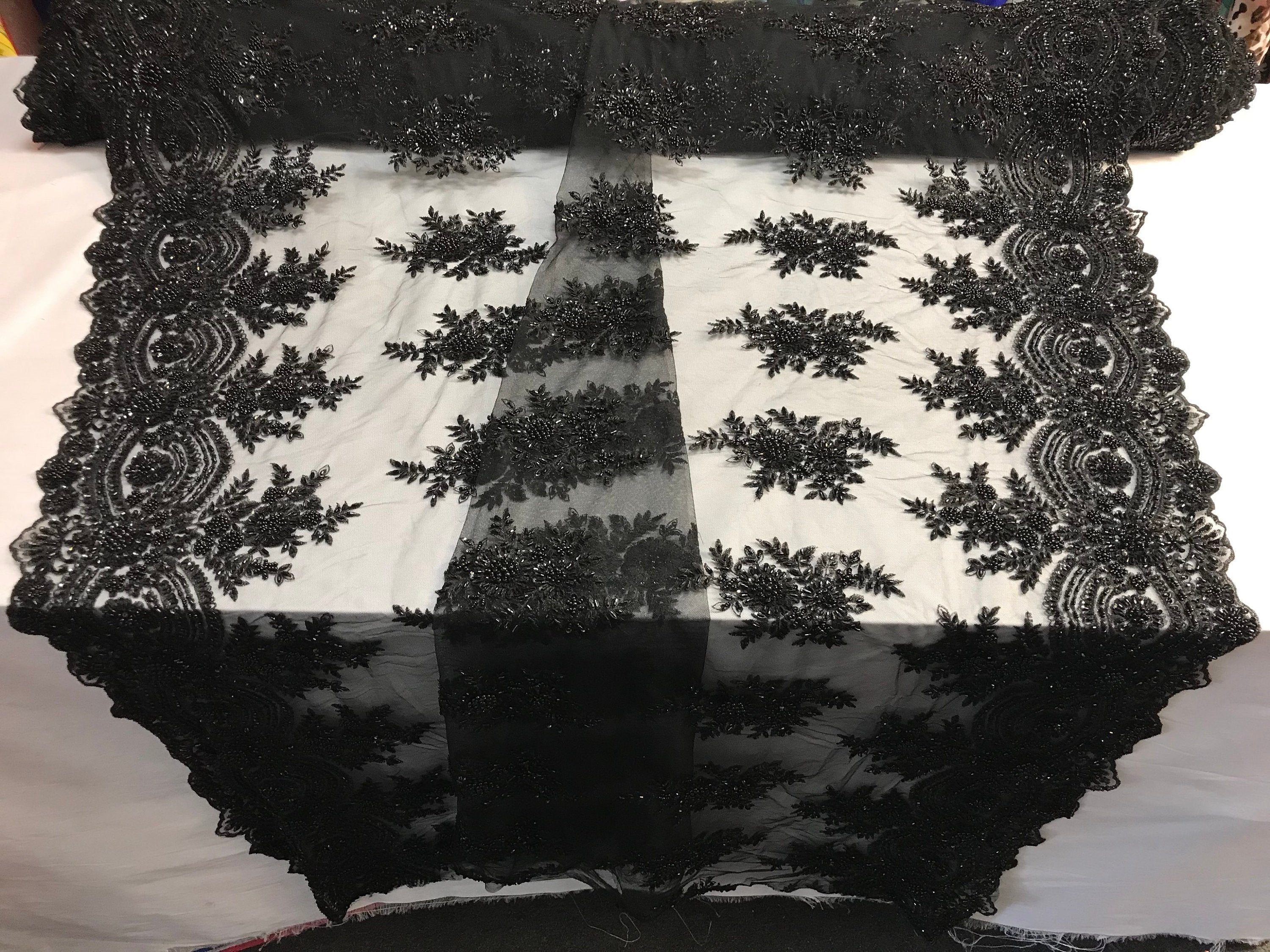 Beaded - Black - Embroidered Floral Design Fancy Sequins Fabric with Beads Sold By The Yard