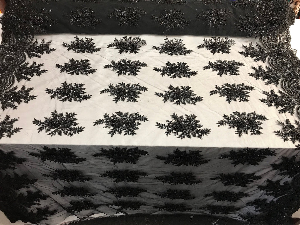 Beaded - Black - Embroidered Floral Design Fancy Sequins Fabric with Beads Sold By The Yard