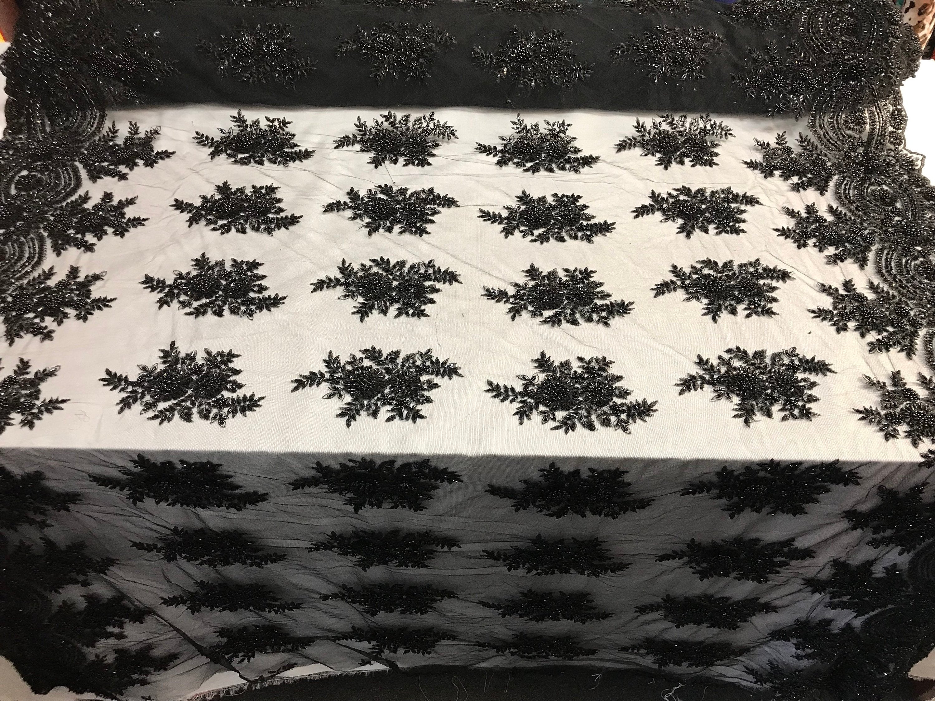 Beaded - Black - Embroidered Floral Design Fancy Sequins Fabric with Beads Sold By The Yard