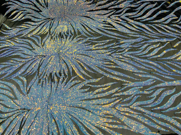 Iridescent Fabric - Blue - Wing Line Design 4 Way Stretch Mesh Lace Fabric By Yard