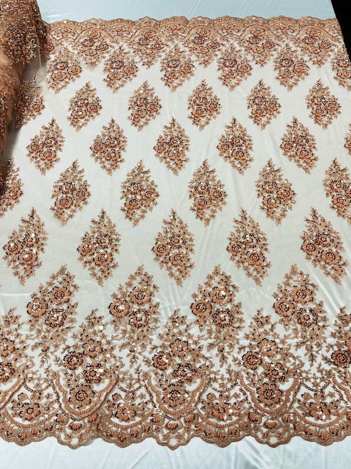 Floral Cluster Bead Fabric - Blush Peach - Sold By The Yard - Embroidered Flower Beaded Fabric