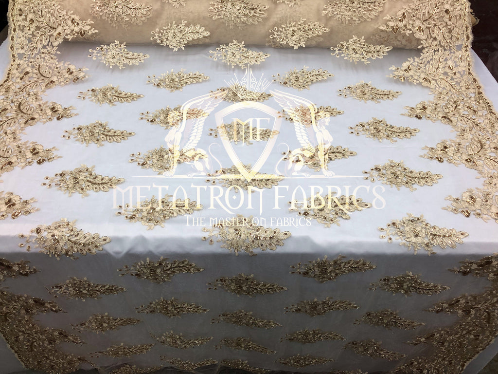Lace Fabric - Champagne - Corded Flowers Embroidery With Sequins On Mesh Sold By The Yard