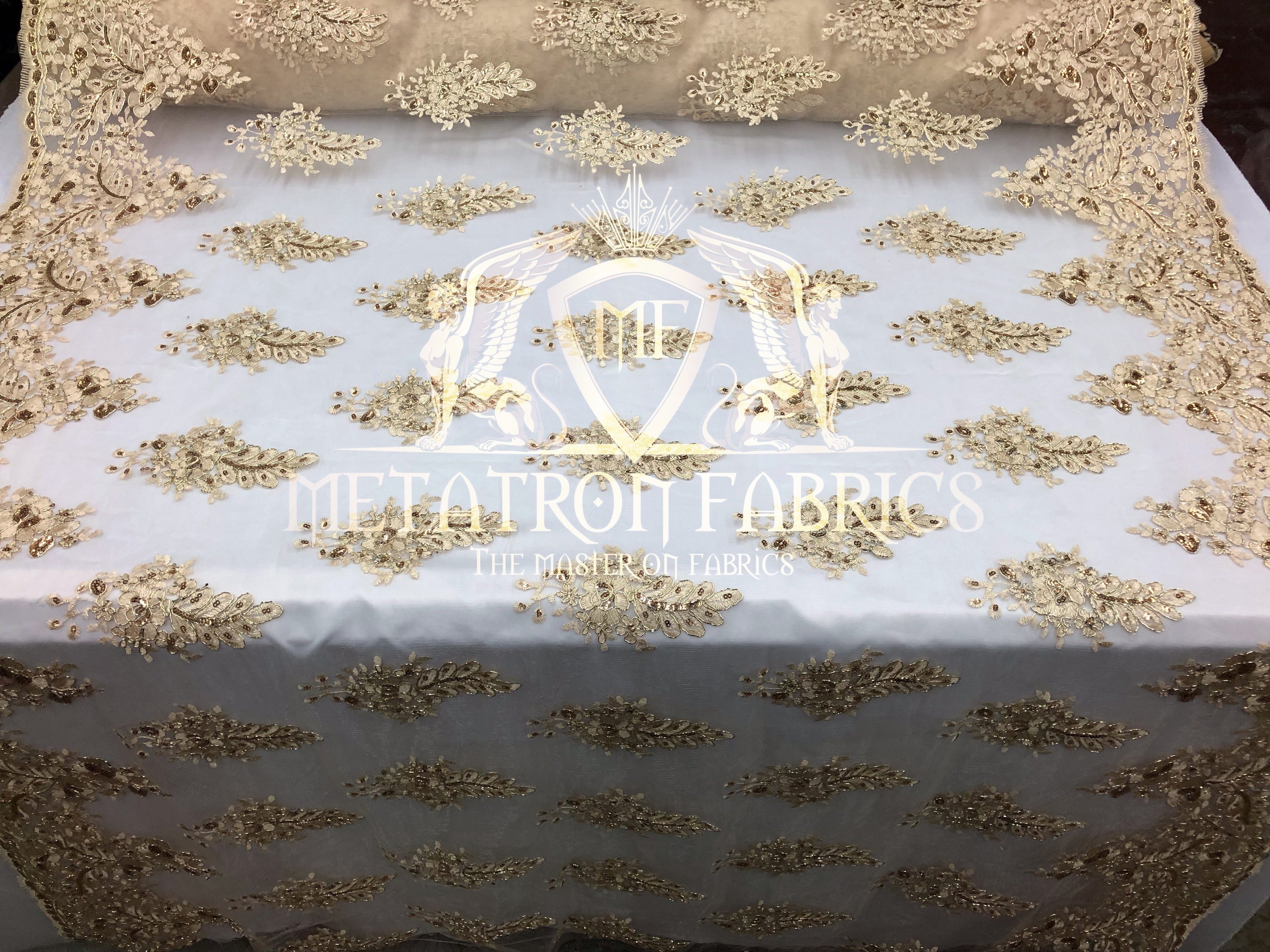 Lace Fabric - Champagne - Corded Flowers Embroidery With Sequins On Mesh Sold By The Yard