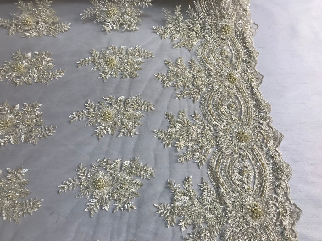Beaded - Cream - Embroidered Floral Design Fancy Sequins Fabric with Beads Sold By The Yard
