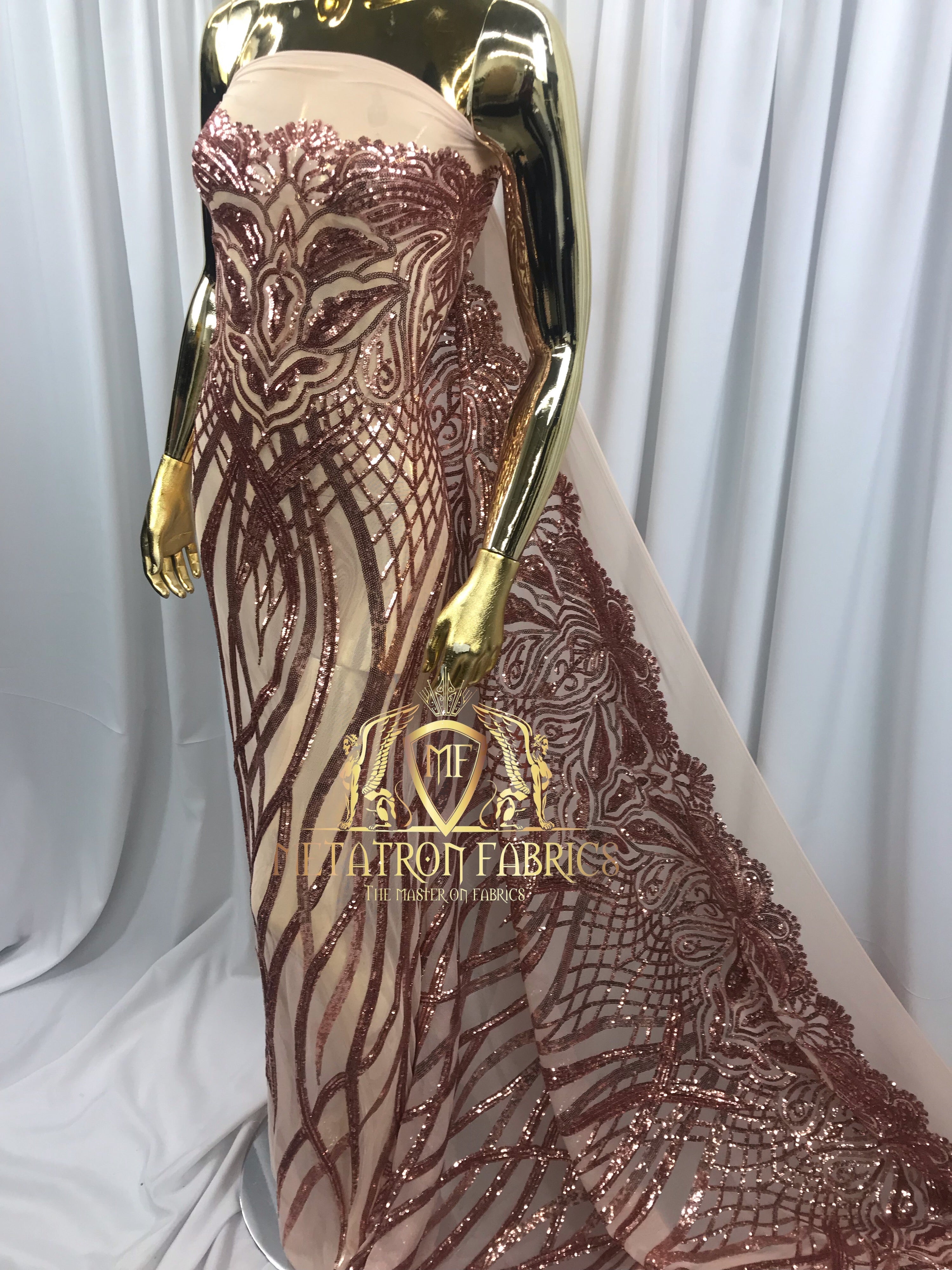 4 Way Stretch - Rose Gold - Vines Design Sequins Fabric Embroidered On Mesh Sold By The Yard