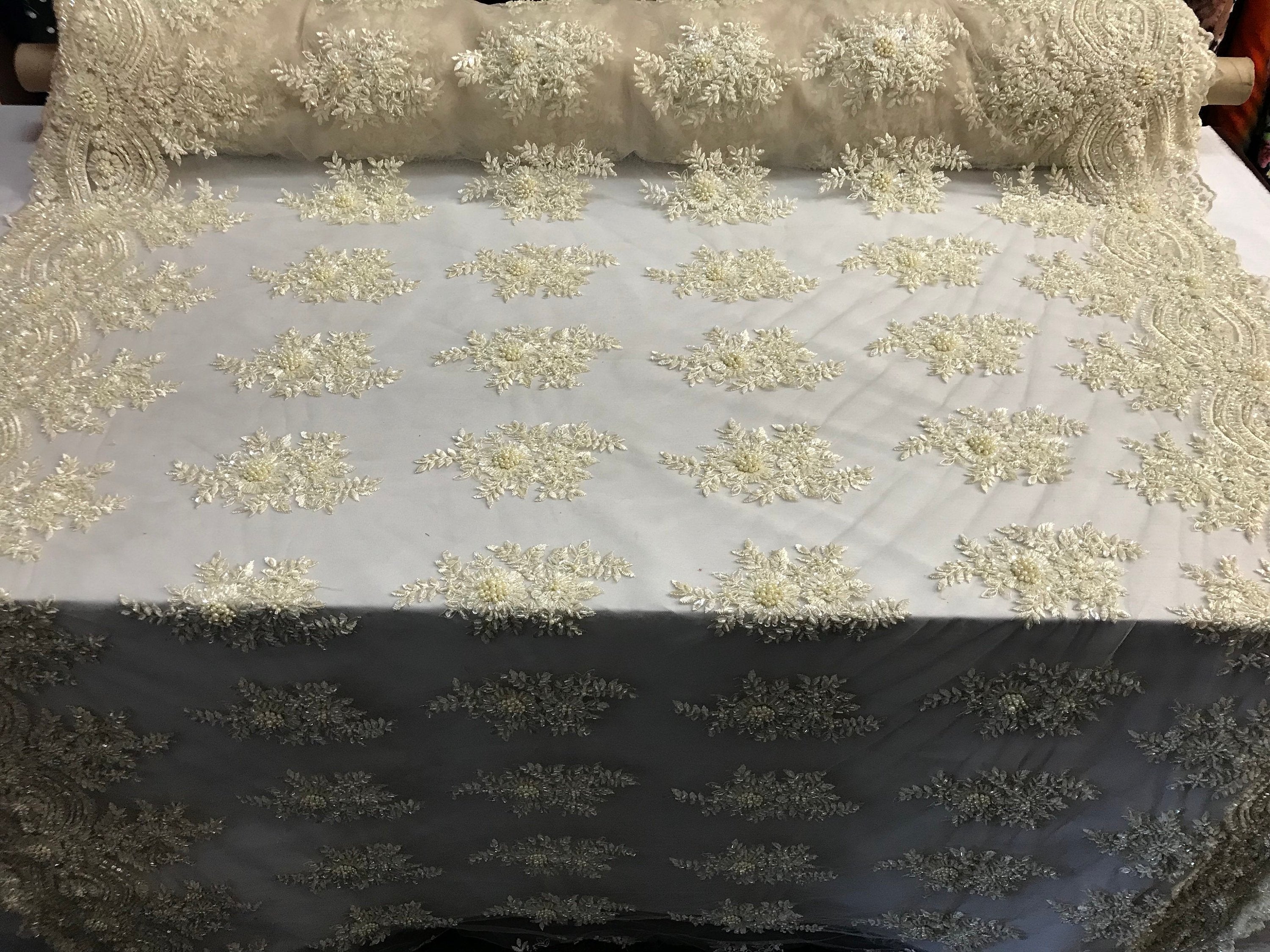 Beaded - Cream - Embroidered Floral Design Fancy Sequins Fabric with Beads Sold By The Yard