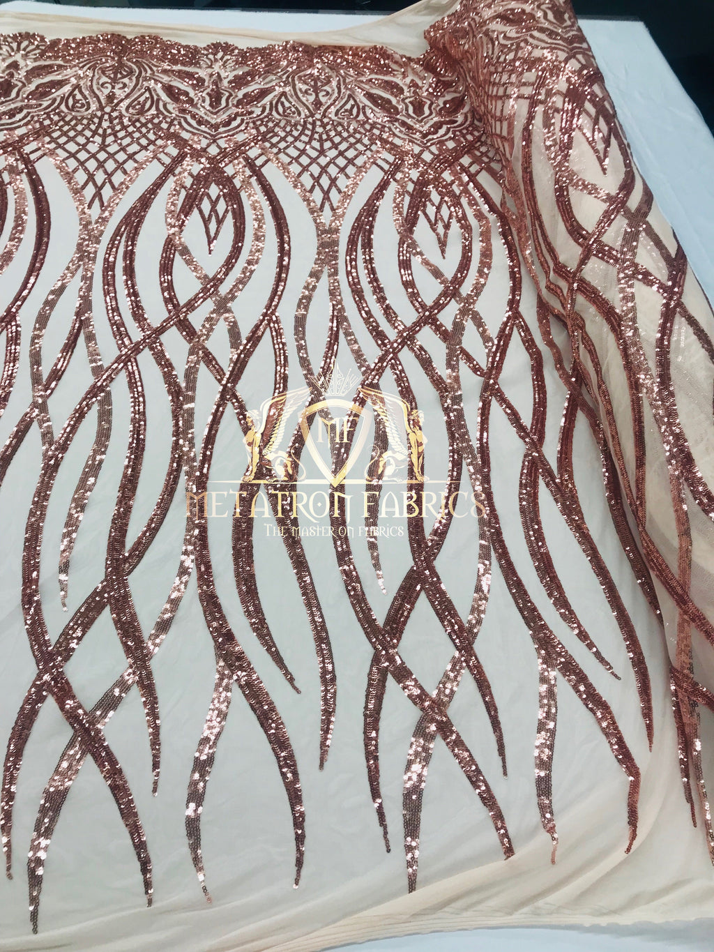 4 Way Stretch - Rose Gold - Vines Design Sequins Fabric Embroidered On Mesh Sold By The Yard