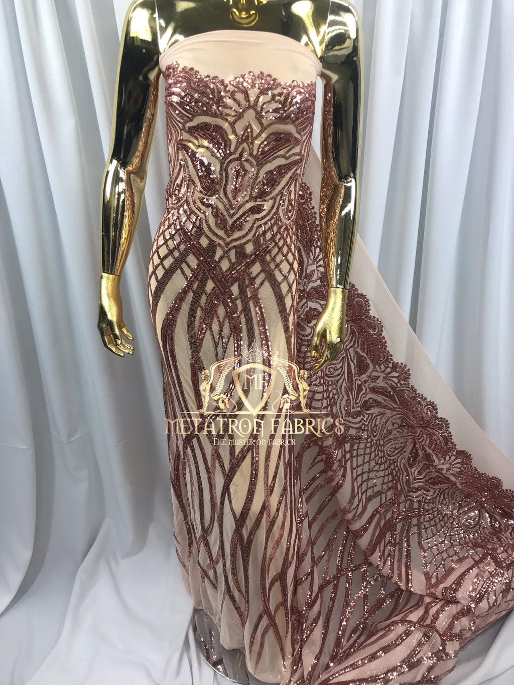4 Way Stretch - Rose Gold - Vines Design Sequins Fabric Embroidered On Mesh Sold By The Yard