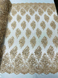 Floral Cluster Bead Fabric - Champagne - Sold By The Yard - Embroidered Flower Beaded Fabric