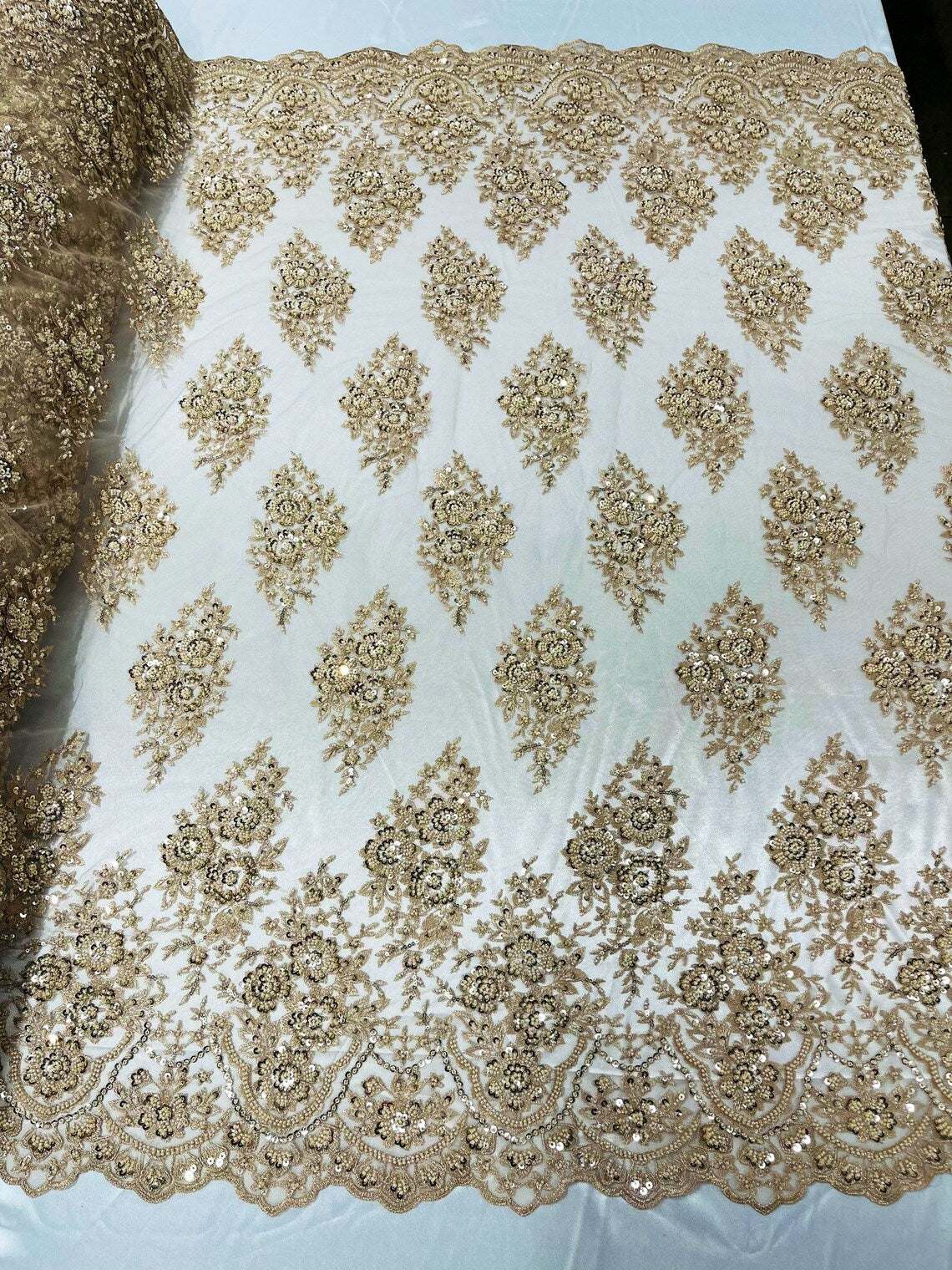Floral Cluster Bead Fabric - Champagne - Sold By The Yard - Embroidered Flower Beaded Fabric