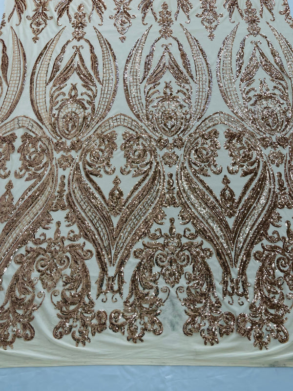 Big Damask Sequins Fabric - Champagne - 4 Way Stretch Damask Sequins Design Fabric By Yard