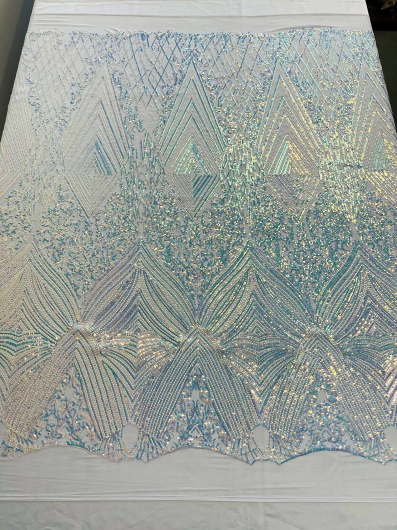 Clear Iridescent Sequins Fabric on White Mesh, GEOMETRIC Design 4 way Stretch By The Yard