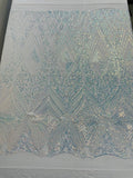 Clear Iridescent Sequins Fabric on White Mesh, GEOMETRIC Design 4 way Stretch By The Yard
