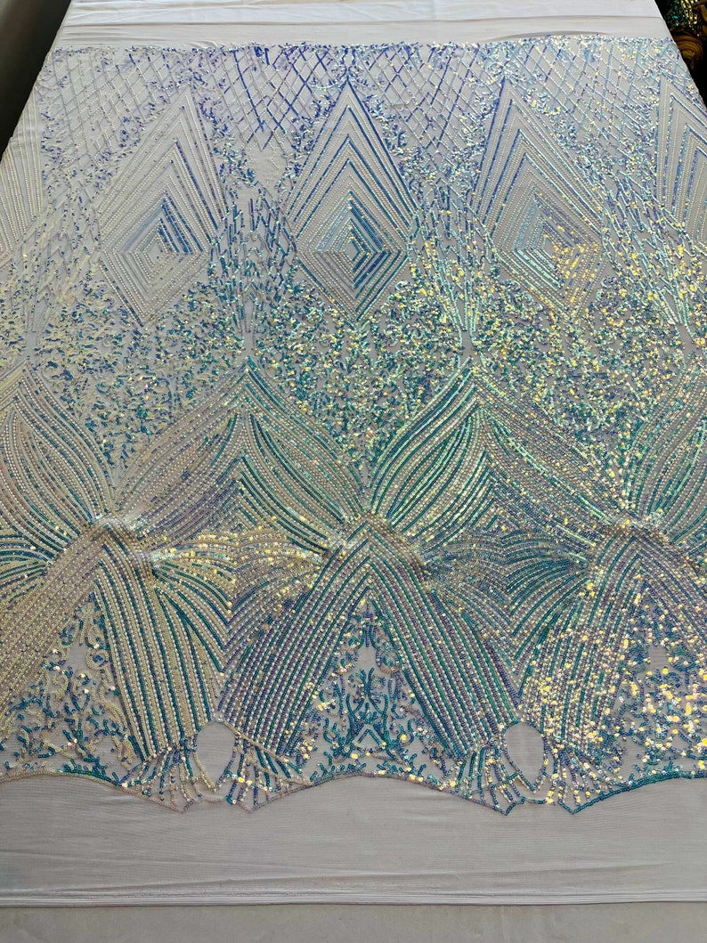 Clear Iridescent Sequins Fabric on White Mesh, GEOMETRIC Design 4 way Stretch By The Yard