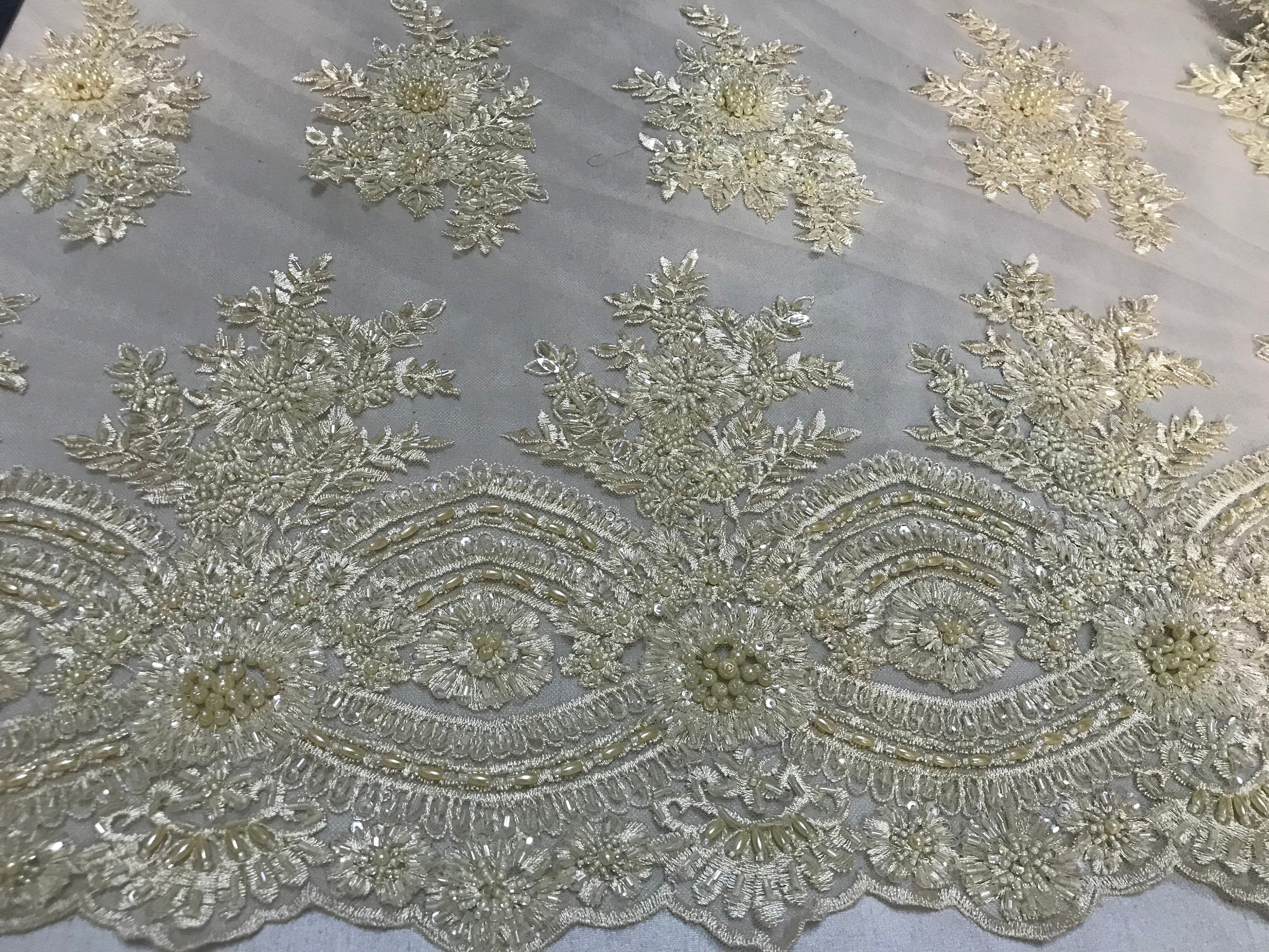 Beaded - Cream - Embroidered Floral Design Fancy Sequins Fabric with Beads Sold By The Yard