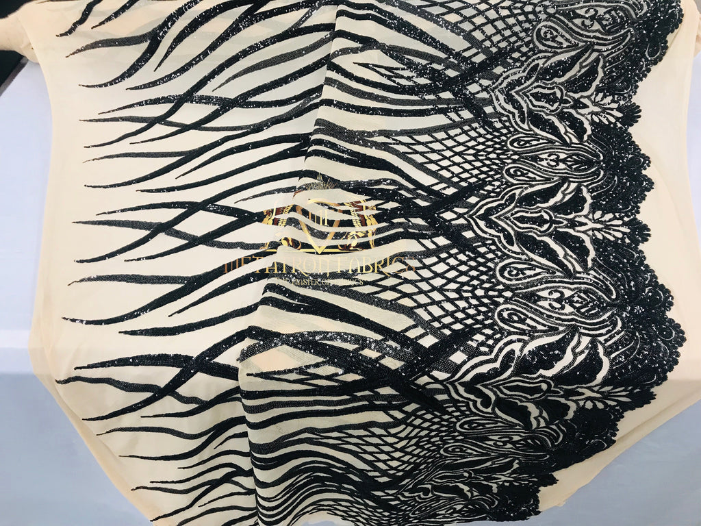 4 Way Stretch - Black - Vines Design Sequins Fabric Embroidered On Mesh Sold By The Yard