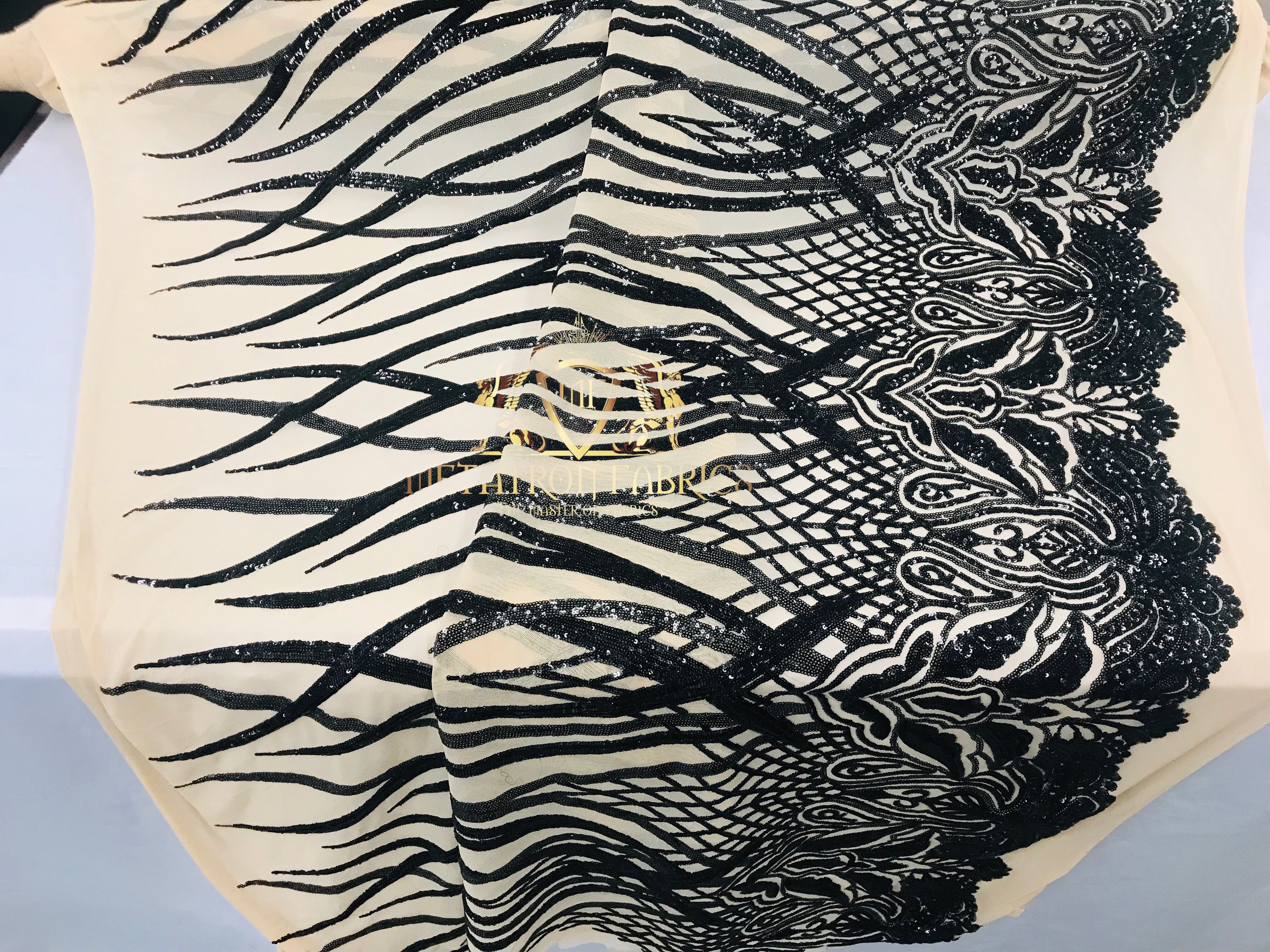 4 Way Stretch - Black - Vines Design Sequins Fabric Embroidered On Mesh Sold By The Yard