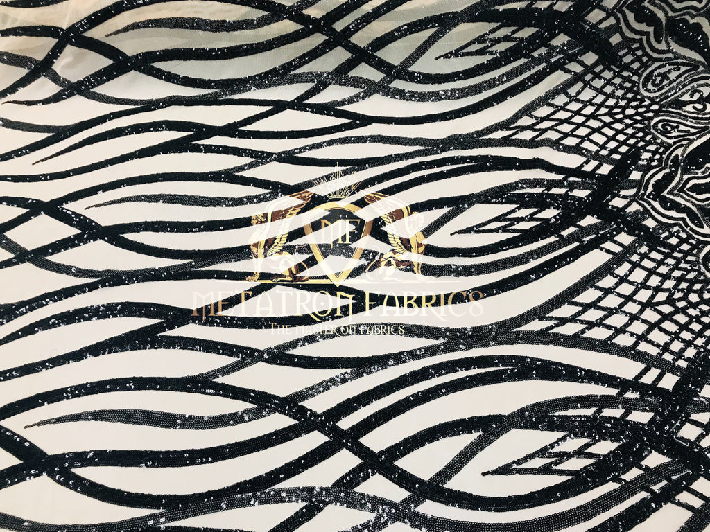 4 Way Stretch - Black - Vines Design Sequins Fabric Embroidered On Mesh Sold By The Yard