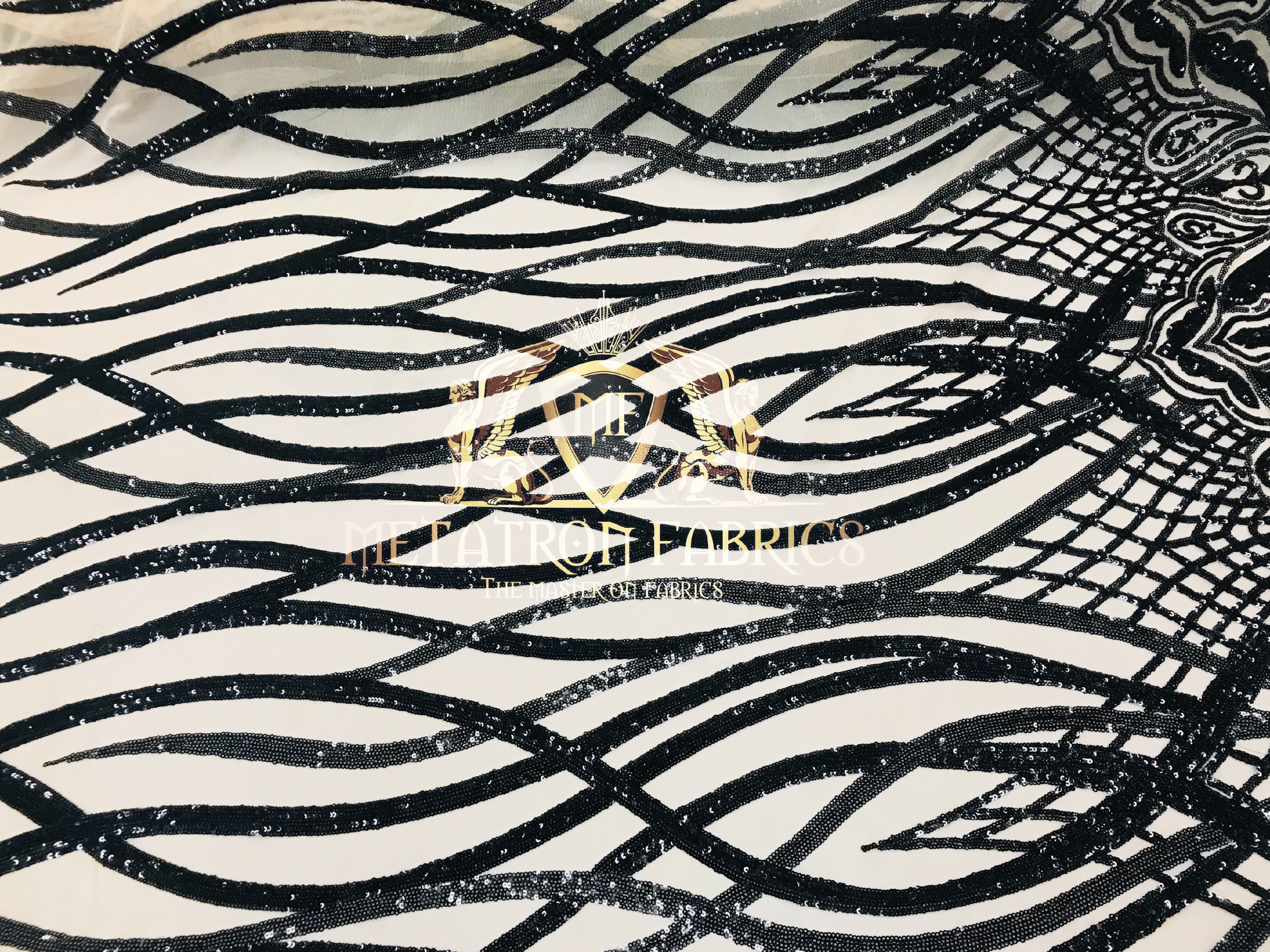 4 Way Stretch - Black - Vines Design Sequins Fabric Embroidered On Mesh Sold By The Yard