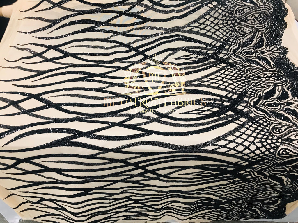4 Way Stretch - Black - Vines Design Sequins Fabric Embroidered On Mesh Sold By The Yard