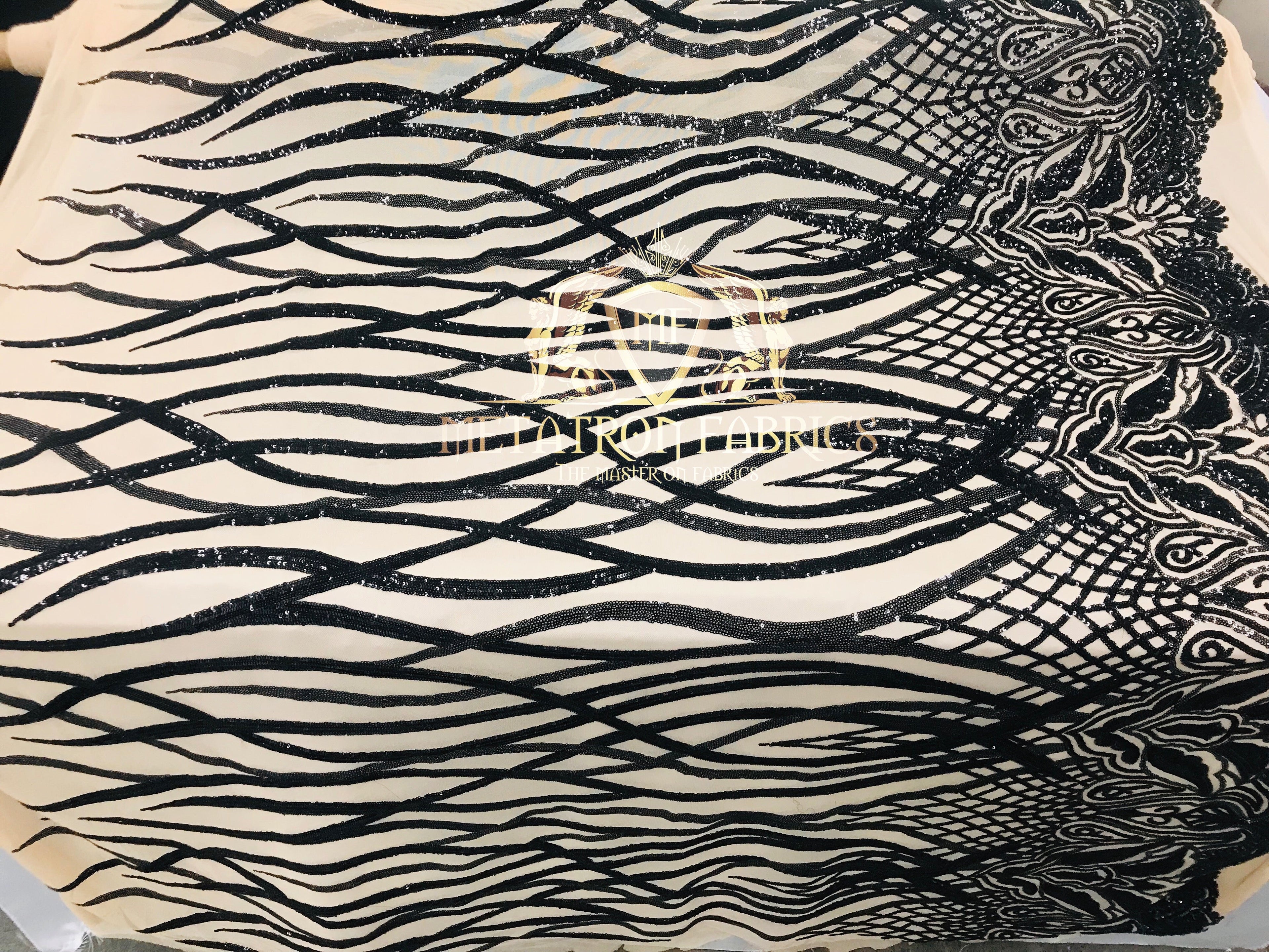 4 Way Stretch - Black - Vines Design Sequins Fabric Embroidered On Mesh Sold By The Yard