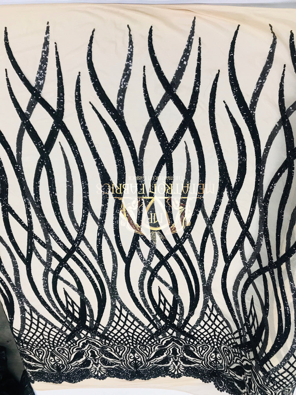 4 Way Stretch - Black - Vines Design Sequins Fabric Embroidered On Mesh Sold By The Yard