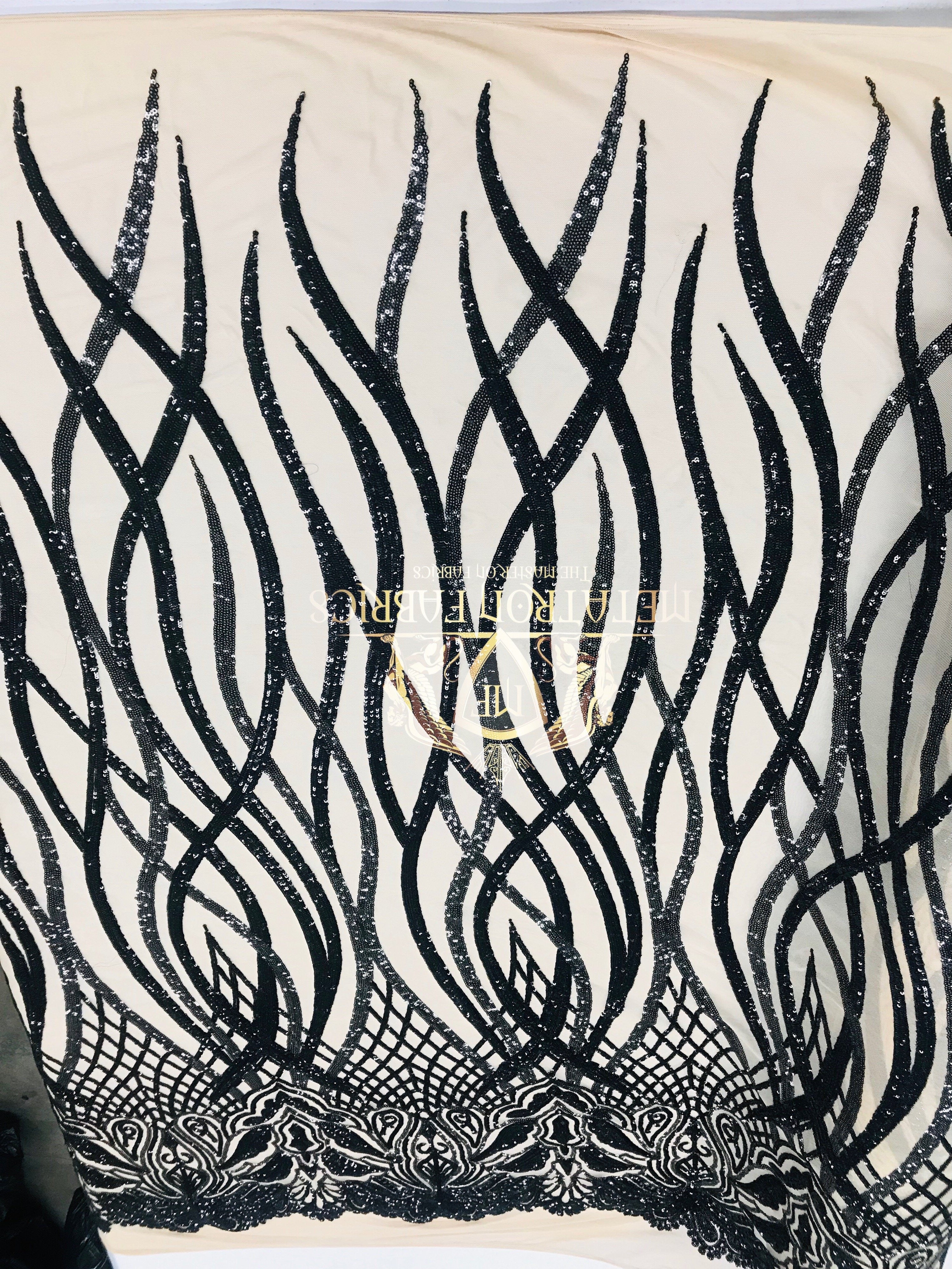 4 Way Stretch - Black - Vines Design Sequins Fabric Embroidered On Mesh Sold By The Yard