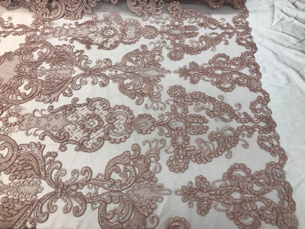 Floral - Dusty Rose - Embroided Lace Fabric Damask Pattern - Beautiful Fabrics Sold by The Yard