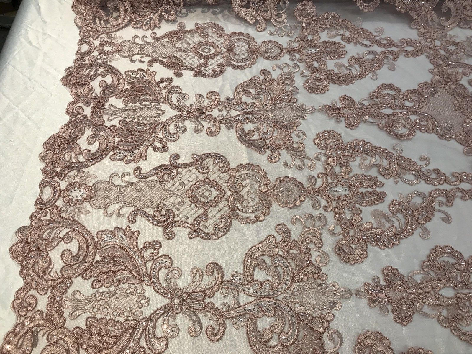 Floral - Dusty Rose - Embroided Lace Fabric Damask Pattern - Beautiful Fabrics Sold by The Yard