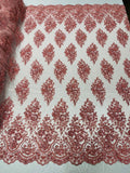 Floral Cluster Bead Fabric - Dusty Rose - Sold By The Yard - Embroidered Flower Beaded Fabric