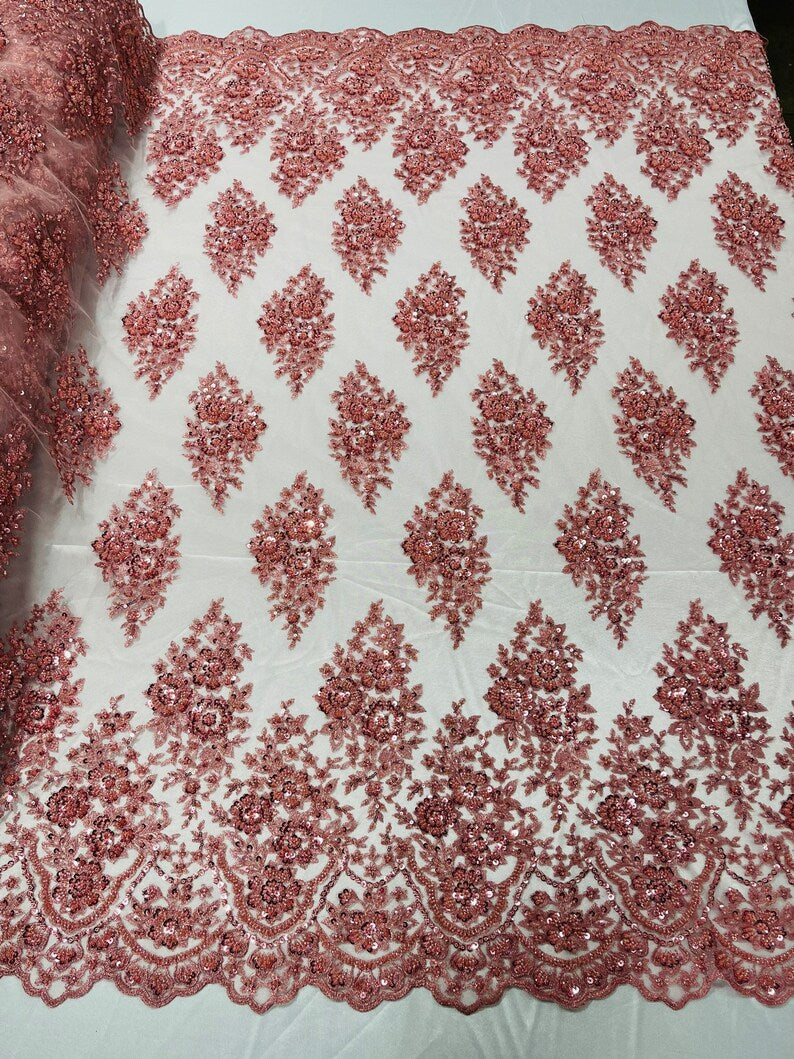 Floral Cluster Bead Fabric - Dusty Rose - Sold By The Yard - Embroidered Flower Beaded Fabric