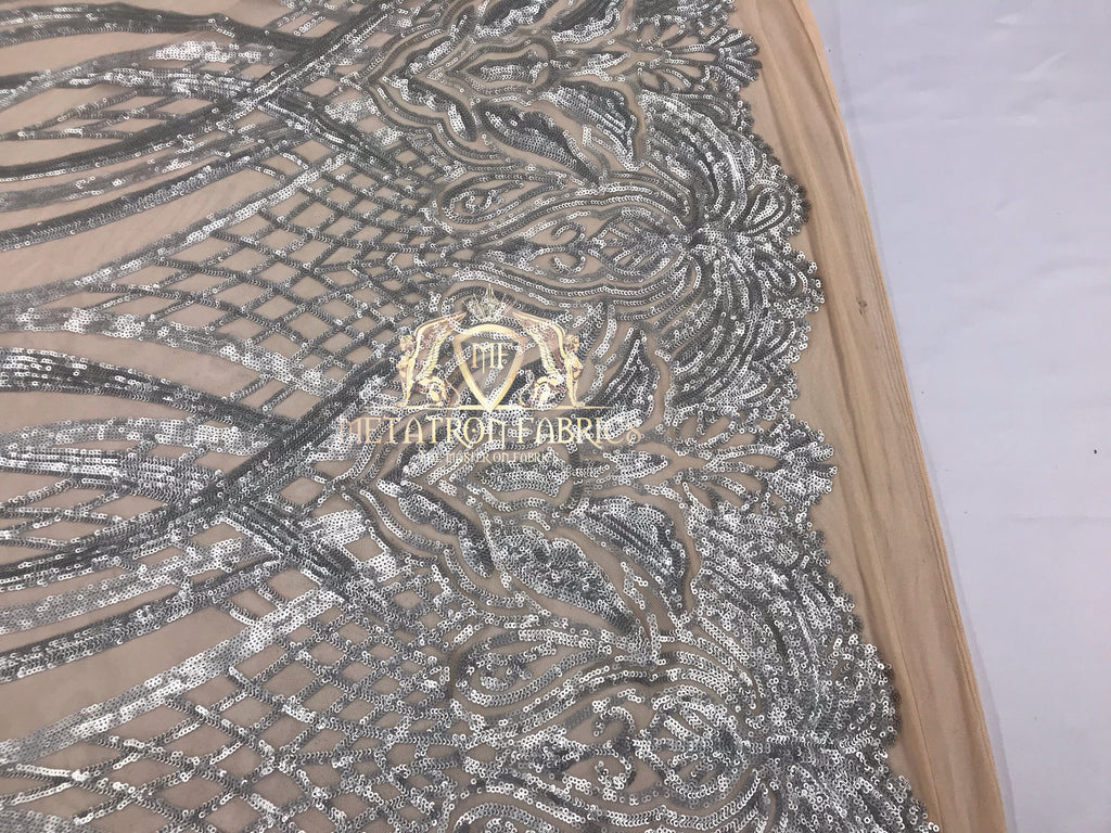 4 Way Stretch - Silver - Vines Design Sequins Fabric Embroidered On Nude Mesh Sold By The Yard
