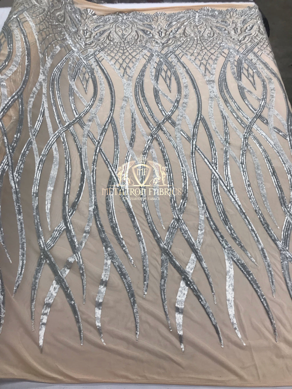 4 Way Stretch - Silver - Vines Design Sequins Fabric Embroidered On Nude Mesh Sold By The Yard