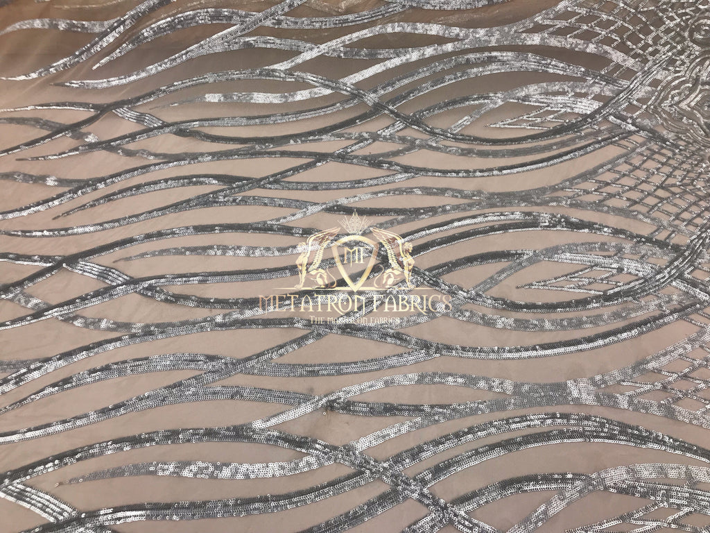 4 Way Stretch - Silver - Vines Design Sequins Fabric Embroidered On Nude Mesh Sold By The Yard