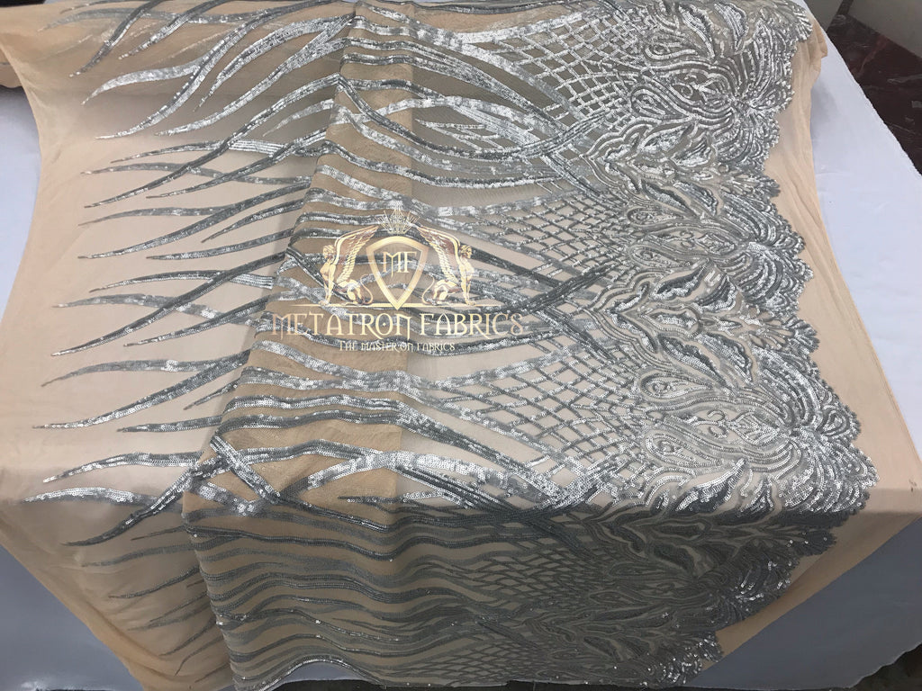 4 Way Stretch - Silver - Vines Design Sequins Fabric Embroidered On Nude Mesh Sold By The Yard