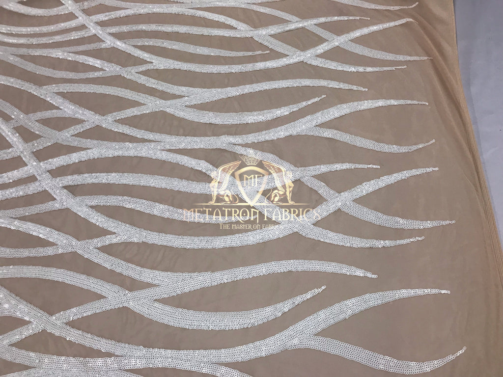 4 Way Stretch - White - Vines Design Sequins Fabric Embroidered On Nude Mesh Sold By The Yard