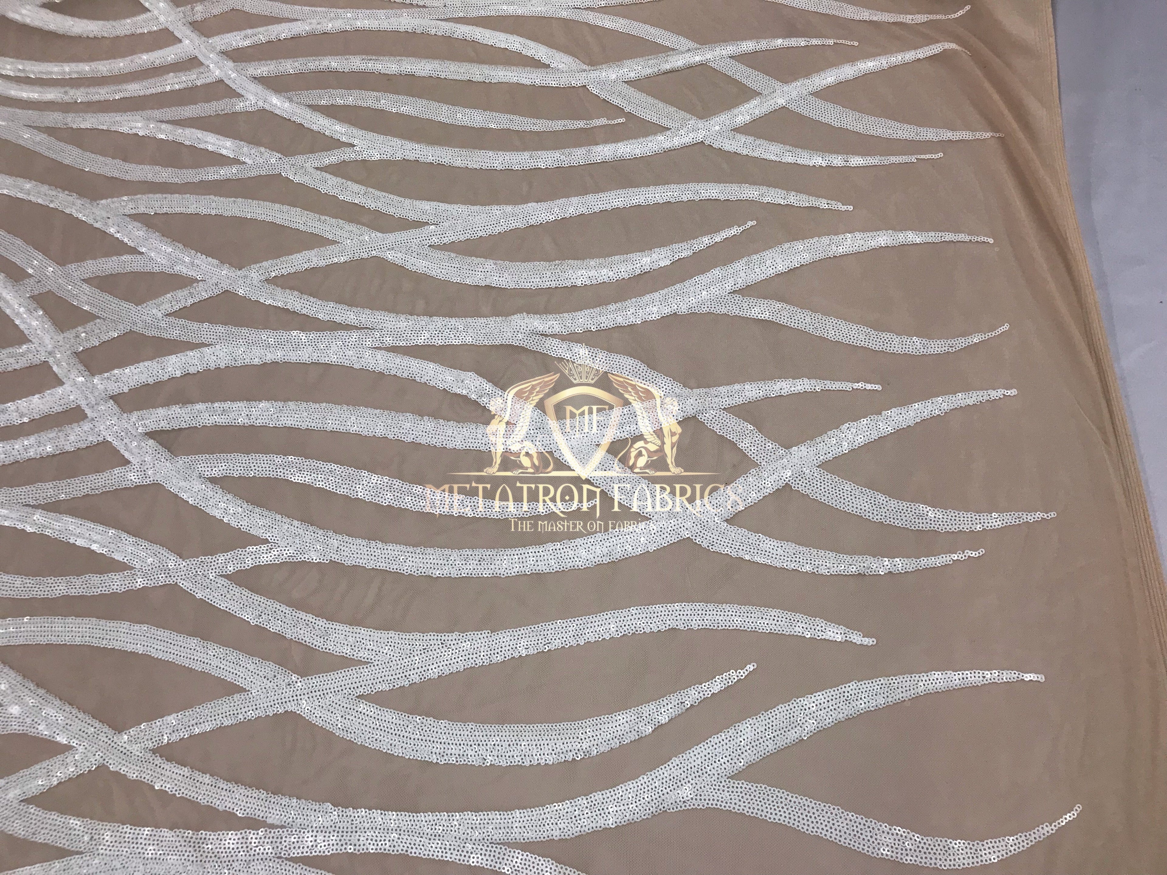 4 Way Stretch - White - Vines Design Sequins Fabric Embroidered On Nude Mesh Sold By The Yard