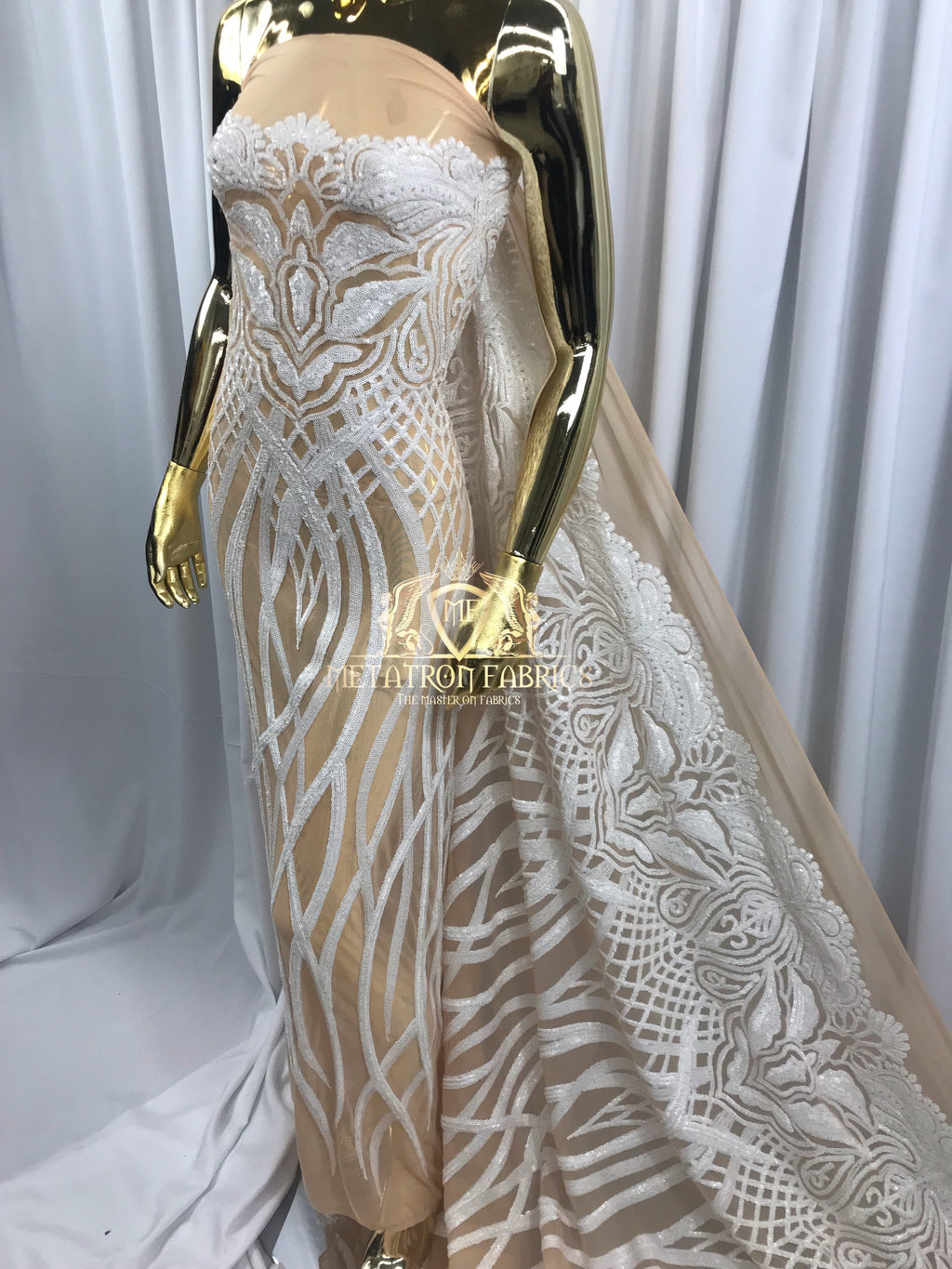 4 Way Stretch - White - Vines Design Sequins Fabric Embroidered On Nude Mesh Sold By The Yard