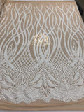 4 Way Stretch - White - Vines Design Sequins Fabric Embroidered On Nude Mesh Sold By The Yard
